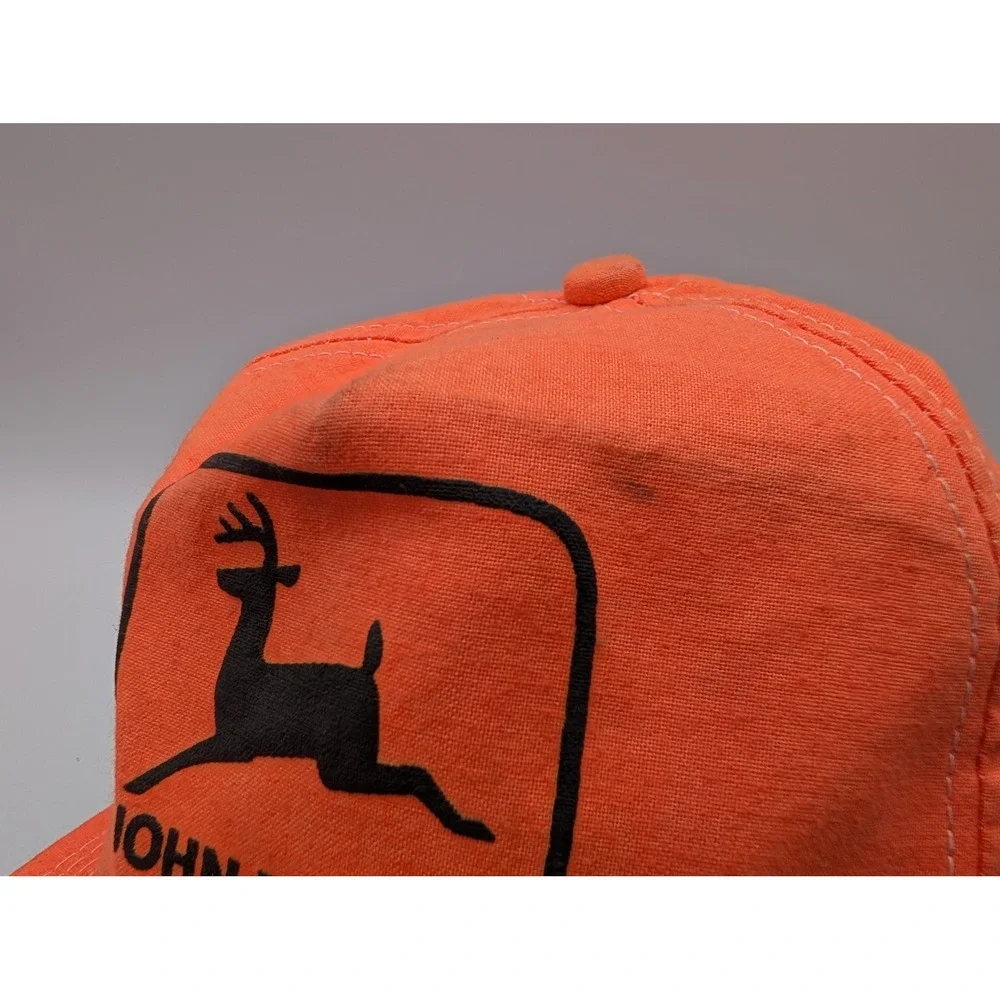 VTG John Deere Blaze Orange Snapback Hat Hunting Deer Logo Trucker Cap Made USA